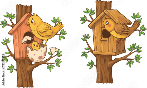 Cute yellow birds caring for baby chicks in wooden birdhouses on tree branches, hatching eggs, wildlife parenting, spring nature illustration