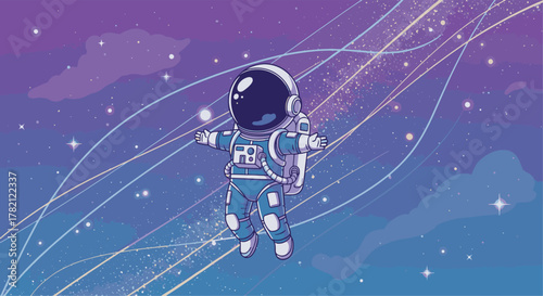 A lone astronaut in a blue suit drifts through a vibrant purple cosmos filled with stars and glowing energy trails. Vector graphic for space exploration themes