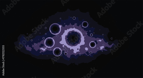 Vector graphic illustration of a deep space phenomenon, a cosmic maelstrom or purple galaxy surrounded by celestial bodies against a black background