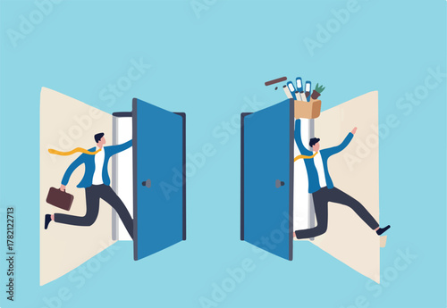 Staff turnover or job rotation in people management, human resources to manage to recruit new people for replacement concept, businessman new hire entering office while other resigned for new job.