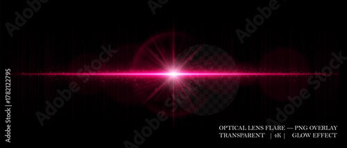 Optical horizontal lens flare with soft reflections, glowing orbs, and radiant beam. Great for digital overlays, photo lighting, and sci-fi design projects.