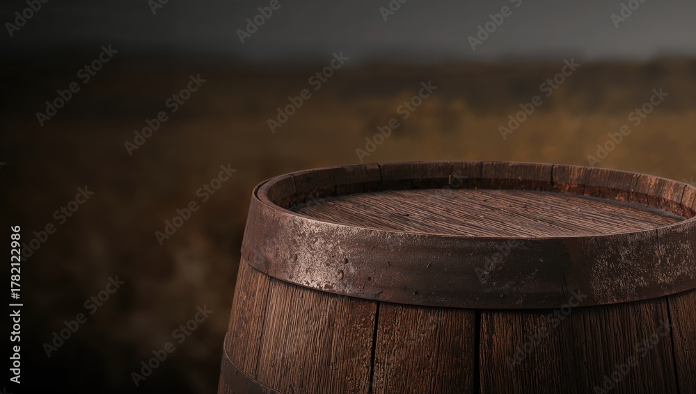 Fototapeta premium Old oak wine barrel set against a blurred landscape, ideal for product presentation