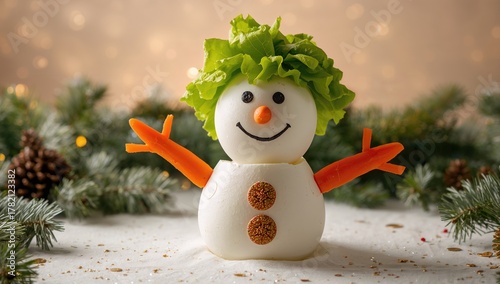Playful snowman crafted from boiled eggs, carrots, and fresh greens, highlighting creative food presentation