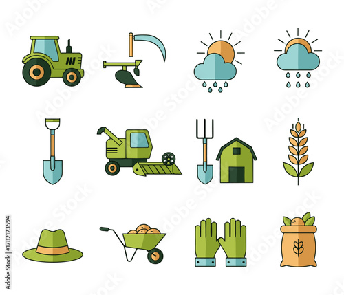 Farming equipment and agriculture icons illustration set