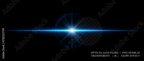 Horizontal optical lens flare with glowing dust and luminous beam. Great for cinematic overlays, highlight accents, and futuristic design compositions.
