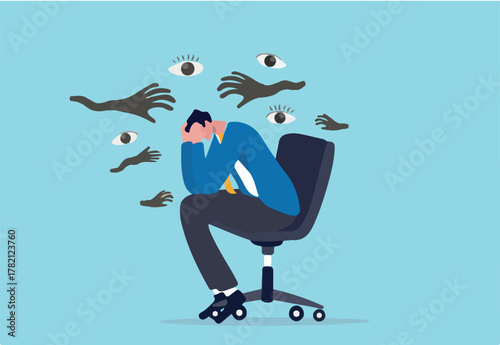 Paranoia, fear and panic cause by mental health, phobia or disorder from mental disorder, depression from stress and anxiety concept, paranoia businessman sitting on a chair with creepy hand and eyes.