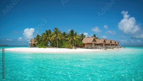 Fototapeta Naklejka Na Ścianę i Meble -  Water Villas on a Tropical Island, pristine white sand and azure waters under a clear sky, highlighting relaxation