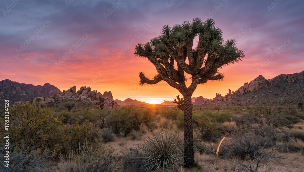Obraz premium Joshua Tree basking in the fading sunlight, showcasing seasonal change