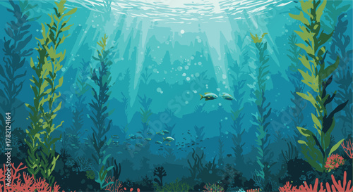 Underwater kelp forest teeming with small fish and coral, bathed in ethereal sunlight