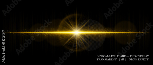 Optical horizontal lens flare with soft reflections, glowing orbs, and radiant beam. Great for digital overlays, photo lighting, and sci-fi design projects.