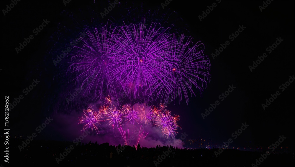 Fototapeta premium Purple fireworks illuminated the night sky brilliantly.