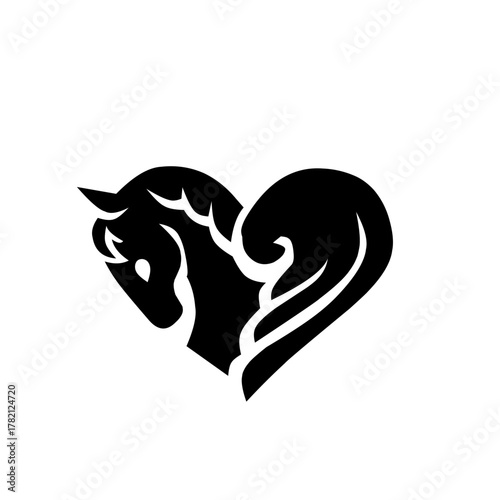 Elegant black heart shape featuring a stylized horse head and flowing mane. A beautiful symbol of love, freedom, and equestrian passion for branding or decorative art.