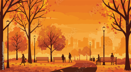Autumn Park Scene A Warm Day with Trees, People, and the City Skyline in the Background
