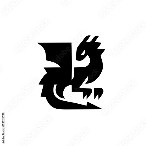 Bold, geometric black dragon design with sharp angles and an aggressive posture. A powerful and modern logo or mascot symbol for gaming, sports, or fantasy brands.