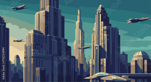 Futuristic cityscape with soaring skyscrapers and airborne vehicles under a stylized sky