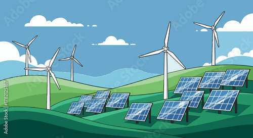 Vector illustration of solar panels, wind turbines, and green hills under blue sky. Concept of renewable energy and sustainability.