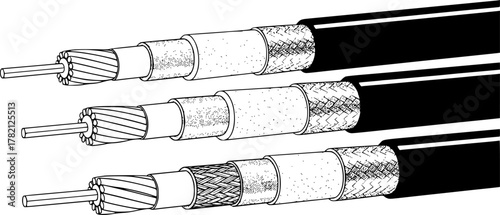  black and white illustration of three coaxial cables, showcasing their internal structure with multiple layers of insulation and conductors
