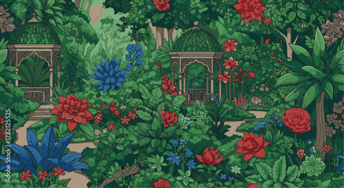 Exotic jungle paradise illustration with vibrant blooming flowers, lush greenery, and oriental pavilions. Seamless decorative floral pattern design