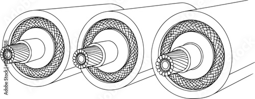  black and white illustration of three coaxial cables, showcasing their internal structure with multiple layers of insulation and conductors