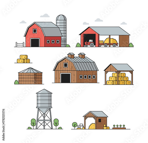 Farming buildings collection with barn, silo, tractor, and hay bale