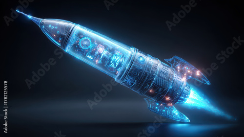 Futuristic neon holographic rocket with intricate details and glowing elements, showcasing advanced technology and sleek design, evokes sense of wonder and exploration