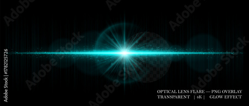 Optical horizontal lens flare with soft reflections, glowing orbs, and radiant beam. Great for digital overlays, photo lighting, and sci-fi design projects.