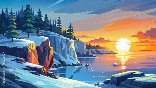 Very beautiful sunrise on the coast of Maine at -40°F, featuring icy cliffs, frost-covered shoreline, calm ocean waters, soft warm sunlight breaking through the cold morning air, in a realistic winter