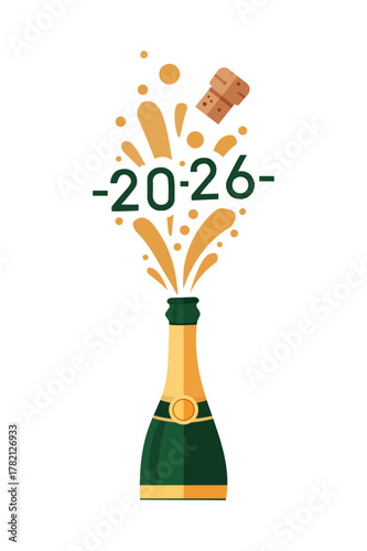 Champagne bottle popping cork for 2026 New Year celebration colorful illustration