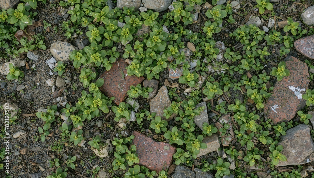 Fototapeta premium A detailed view of a ground area featuring diverse small plants with vivid green foliage and tiny yellow blossoms, showcasing a natural habitat