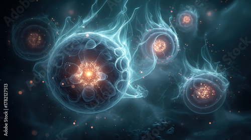 Surreal glowing cell with floating luminous structures creates captivating visual experience. intricate details and ethereal glow evoke sense of wonder and curiosity about microscopic world