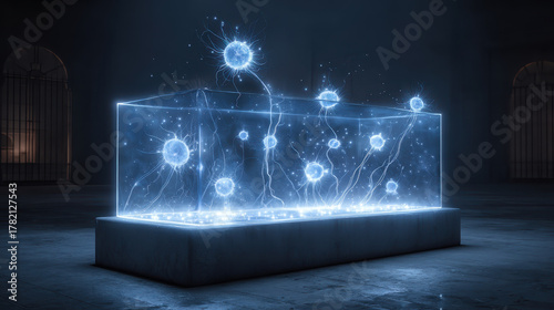 Surreal glowing cell with floating luminous structures creates ethereal atmosphere, captivating viewers with its intricate design and vibrant illumination