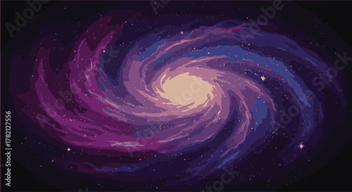 Vibrant pixel art illustration of a swirling cosmic spiral galaxy against a dark starry sky background