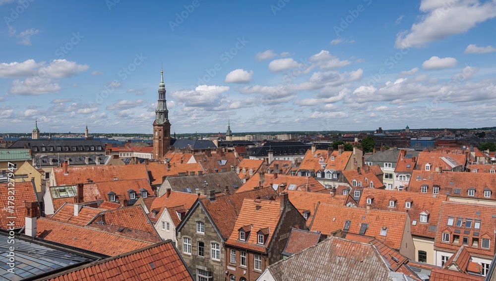 Obraz premium Panoramic scene of historic rooftops under a clear sky, travel, cityscape, architecture, vacation, holiday, ancient, European