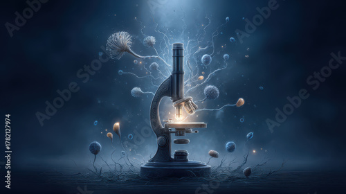 Surreal glowing microscope surrounded by floating luminous microorganisms creates captivating scene. intricate details and ethereal lighting evoke sense of wonder and exploration