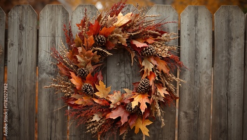 Close-up of a fall wreath placed on a wooden fence, seasonal decor accentuation