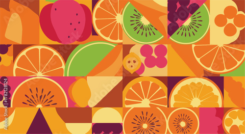 Vibrant Geometric Pattern Featuring Slices of Various Fruits in a Colorful Abstract Design