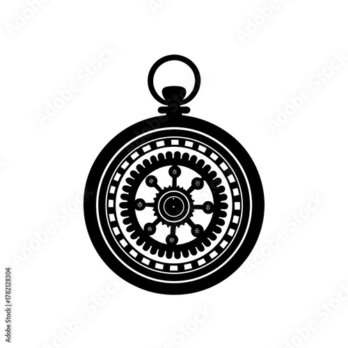 Retro pocket watch silhouette icon with intricate gear design