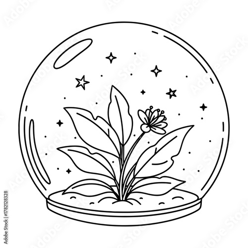 A minimalist line art drawing of a plant growing inside a glass terrarium