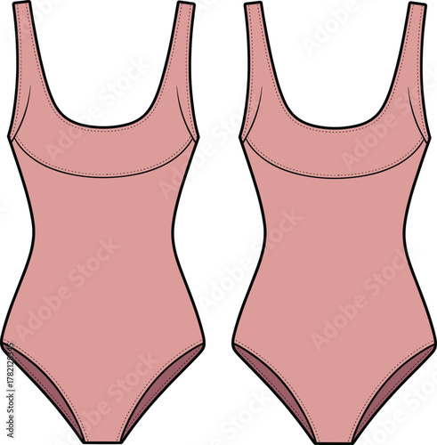 Pink one piece swimsuit, stylish swimwear fashion, women’s beach clothing, scoop neckline design, high cut leg openings, trendy summer apparel