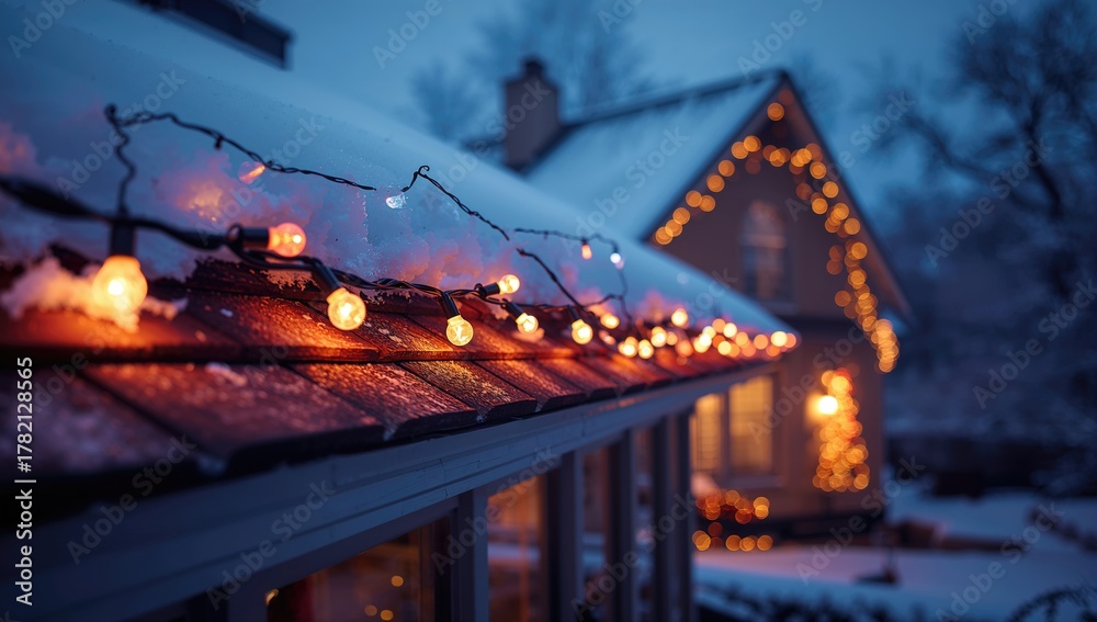 Obraz premium Hanging Christmas string lights on a roof, ensuring safety during holiday decorating, accident prevention approach