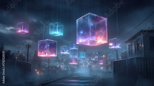 Surreal glowing technology scene featuring floating luminous cubes in misty urban environment. vibrant colors and ethereal atmosphere create captivating visual experience