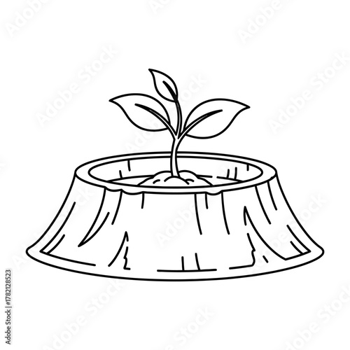 Line art drawing of a small plant growing out of a tree stump