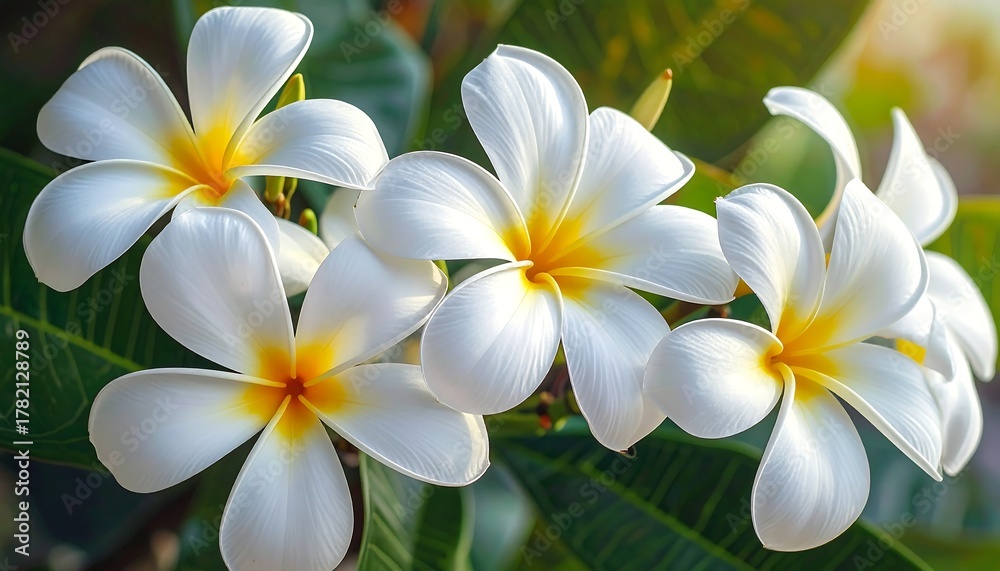 Naklejka premium Close-up of white flowers with yellow centers and green leaves