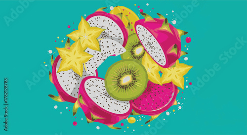 Delicious Tropical Fruits Composition Dragon Fruit, Kiwi, and Star Fruit