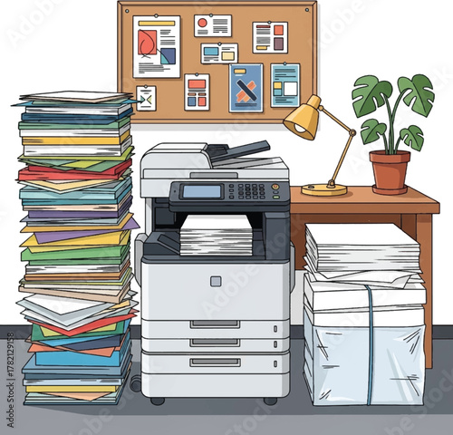 A cluttered office desk with a large stack of papers, a copier, and a desk lamp with a plant.
