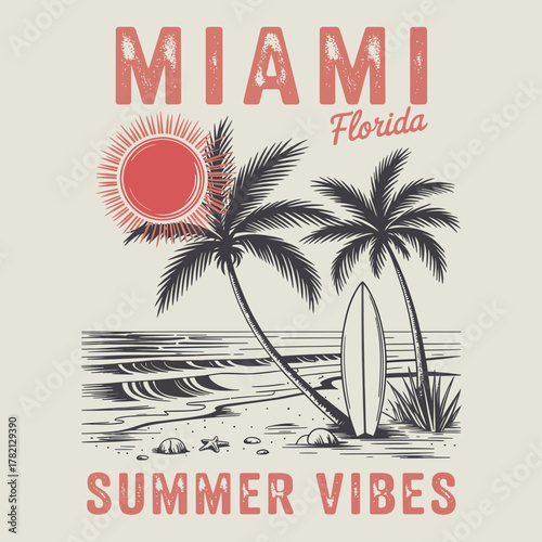 Miami Florida surfing graphic design with palm tree silhouettes, sunset beach vibes, and retro typography for vintage summer T-shirt prints, posters, and travel-themed artwork.