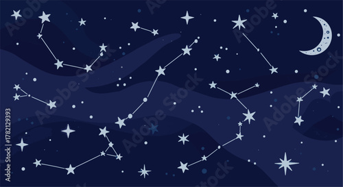 Enchanting Night Sky Vector Illustration with Luminous Stars, Mystical Crescent Moon, and Diverse Constellation Patterns, Creating a Serene Cosmic Background