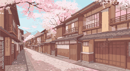A serene Japanese street scene bathed in the soft pink glow of cherry blossoms in full bloom, evoking a sense of tranquility and traditional beauty