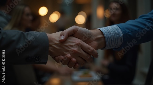 Professional handshake sealing a deal amidst blurred colleagues and warm ambient lights, symbolizing partnership and success in a modern business setting.
