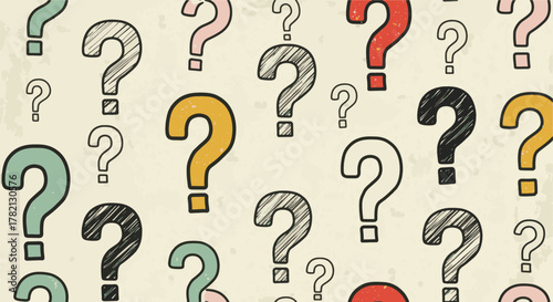 A multitude of colorful question marks fill the background, creating a pattern of uncertainty and curiosity